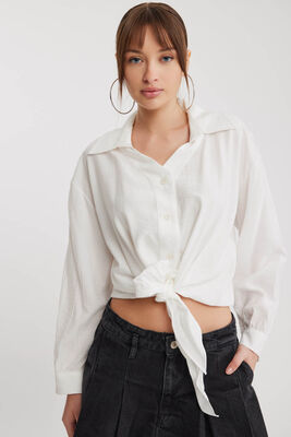 Önü Bağlamalı Düşük Omuz Uzun Kol Gömlek - 7