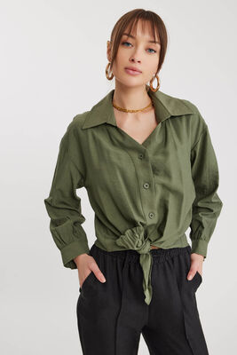 Önü Bağlamalı Düşük Omuz Uzun Kol Gömlek - 15