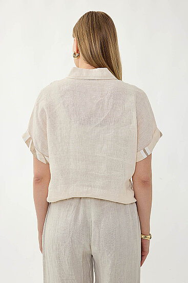 %100 Keten Önü Bağlamalı Tek Tarafı Çiçek Desen Kısa Kol Gömlek - 5