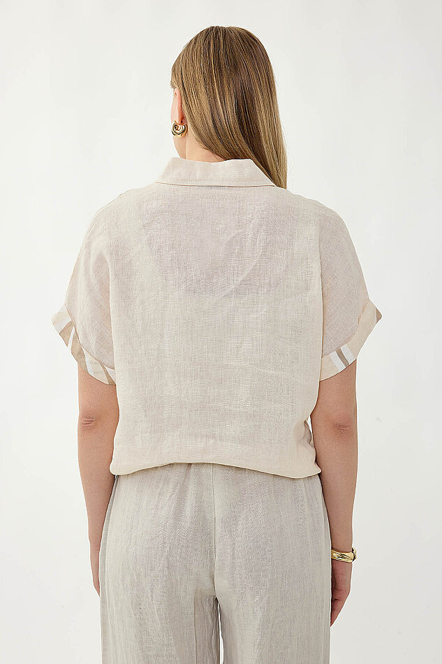 %100 Keten Önü Bağlamalı Tek Tarafı Çiçek Desen Kısa Kol Gömlek - 5