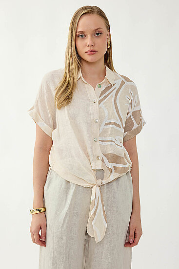 %100 Keten Önü Bağlamalı Tek Tarafı Çiçek Desen Kısa Kol Gömlek - 7