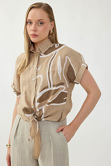 %100 Keten Önü Bağlamalı Tek Tarafı Çiçek Desen Kısa Kol Gömlek - 10