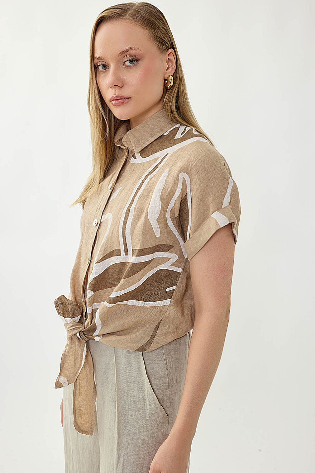 %100 Keten Önü Bağlamalı Tek Tarafı Çiçek Desen Kısa Kol Gömlek - 13