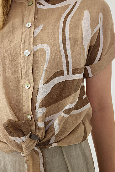 %100 Keten Önü Bağlamalı Tek Tarafı Çiçek Desen Kısa Kol Gömlek - 14