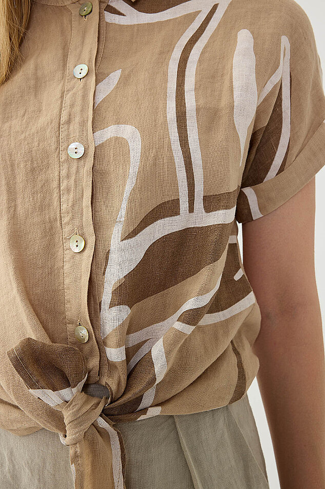 %100 Keten Önü Bağlamalı Tek Tarafı Çiçek Desen Kısa Kol Gömlek - 14