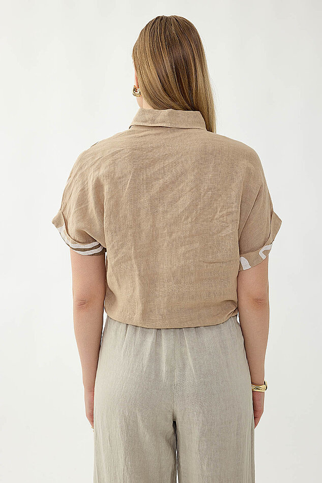 %100 Keten Önü Bağlamalı Tek Tarafı Çiçek Desen Kısa Kol Gömlek - 12