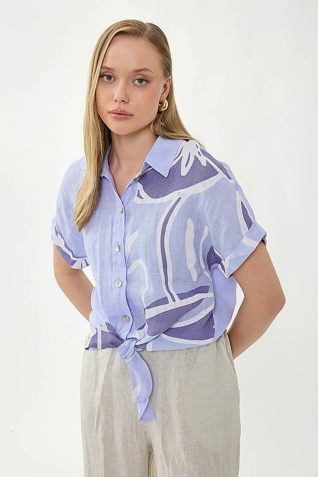 %100 Keten Önü Bağlamalı Tek Tarafı Çiçek Desen Kısa Kol Gömlek - 17