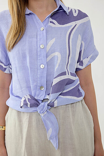 %100 Keten Önü Bağlamalı Tek Tarafı Çiçek Desen Kısa Kol Gömlek - 18