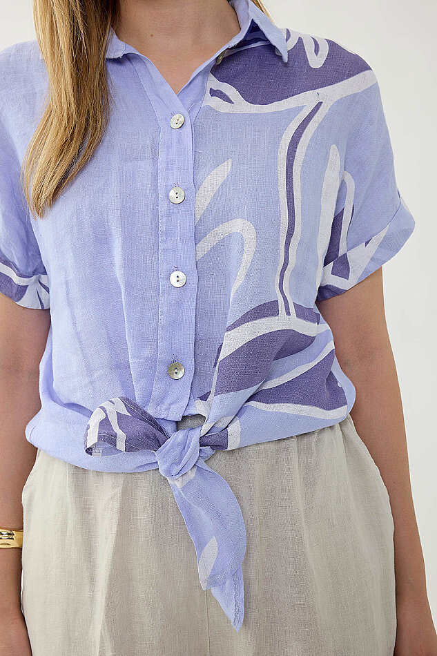 %100 Keten Önü Bağlamalı Tek Tarafı Çiçek Desen Kısa Kol Gömlek - 18