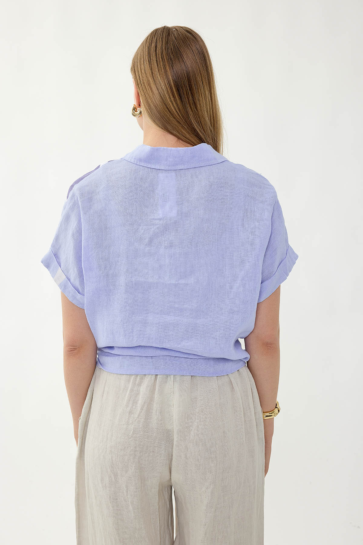 %100 Keten Önü Bağlamalı Tek Tarafı Çiçek Desen Kısa Kol Gömlek - Thumbnail