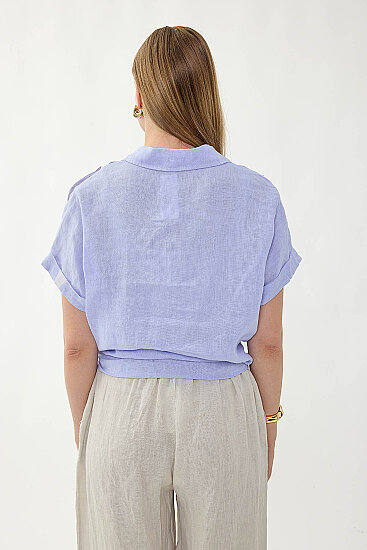 %100 Keten Önü Bağlamalı Tek Tarafı Çiçek Desen Kısa Kol Gömlek - 19