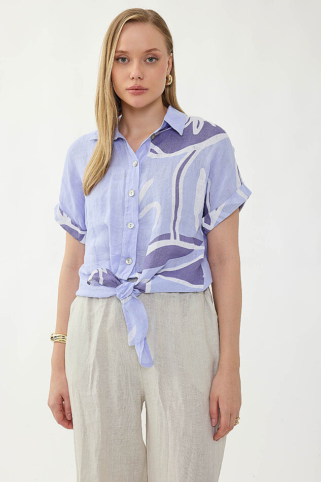 %100 Keten Önü Bağlamalı Tek Tarafı Çiçek Desen Kısa Kol Gömlek - 20