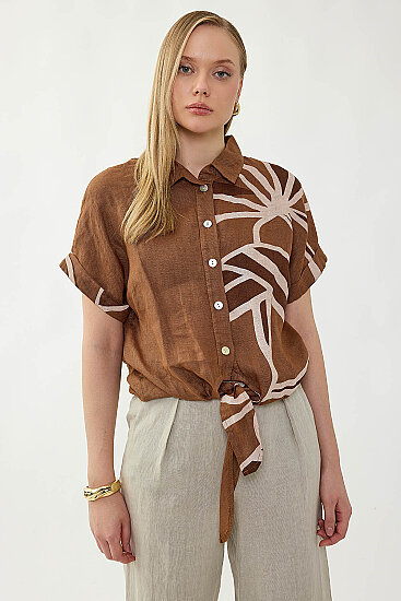 %100 Keten Önü Bağlamalı Tek Tarafı Çiçek Desen Kısa Kol Gömlek - 22