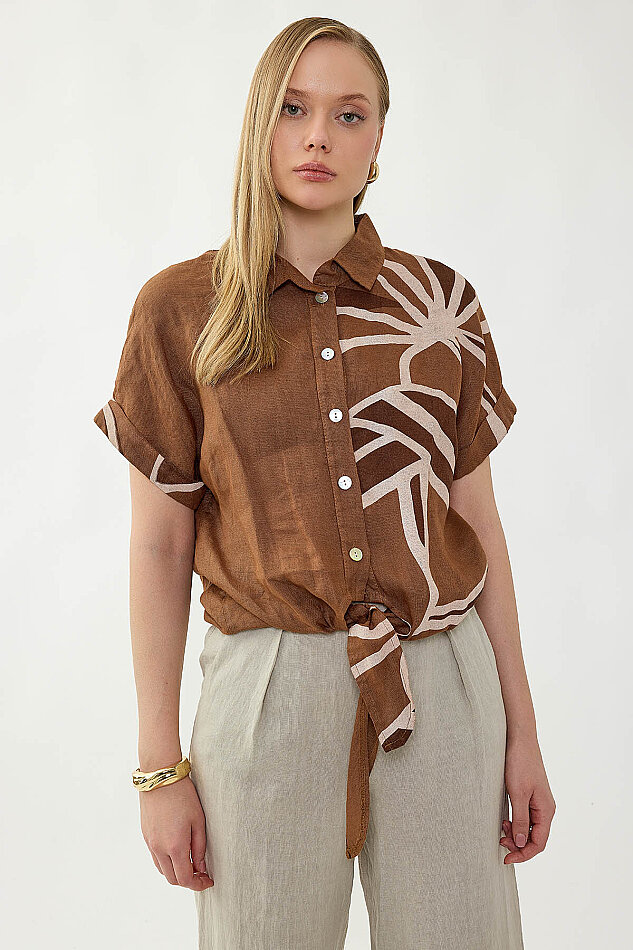 %100 Keten Önü Bağlamalı Tek Tarafı Çiçek Desen Kısa Kol Gömlek - 22