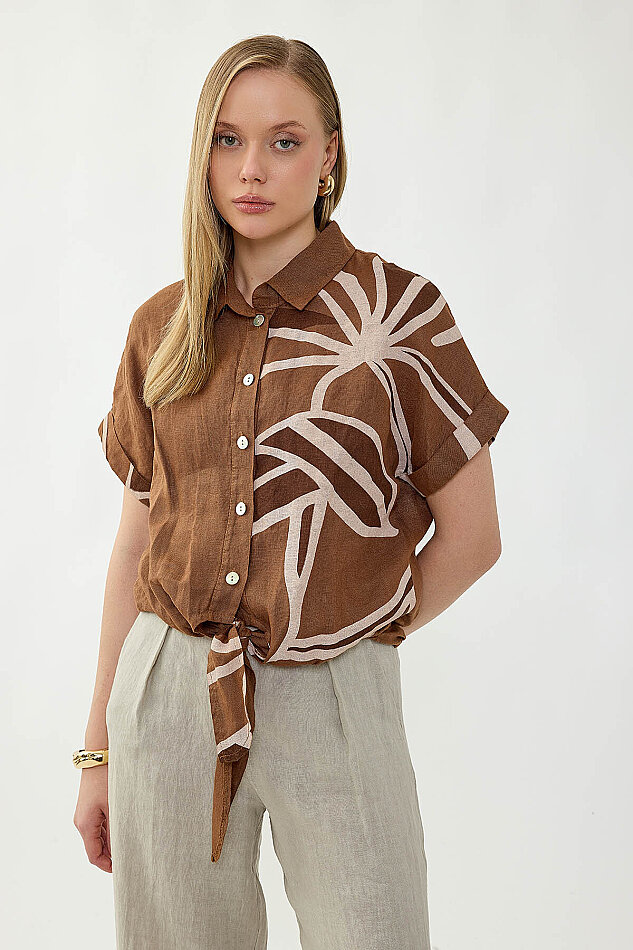 %100 Keten Önü Bağlamalı Tek Tarafı Çiçek Desen Kısa Kol Gömlek - 23