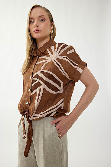 %100 Keten Önü Bağlamalı Tek Tarafı Çiçek Desen Kısa Kol Gömlek - 25