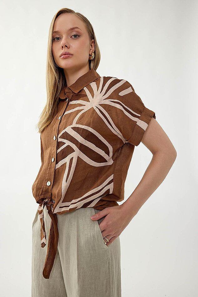 %100 Keten Önü Bağlamalı Tek Tarafı Çiçek Desen Kısa Kol Gömlek - 25