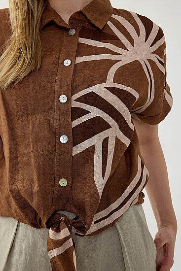 %100 Keten Önü Bağlamalı Tek Tarafı Çiçek Desen Kısa Kol Gömlek - 26