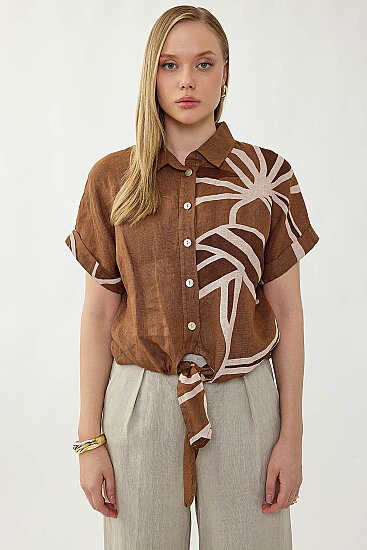 %100 Keten Önü Bağlamalı Tek Tarafı Çiçek Desen Kısa Kol Gömlek - 27