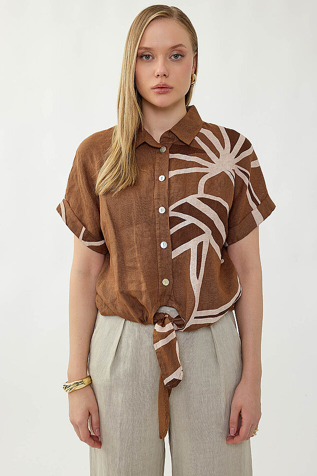 %100 Keten Önü Bağlamalı Tek Tarafı Çiçek Desen Kısa Kol Gömlek - 27