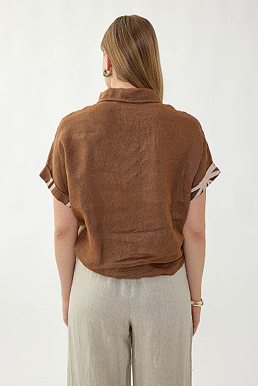 %100 Keten Önü Bağlamalı Tek Tarafı Çiçek Desen Kısa Kol Gömlek - 24