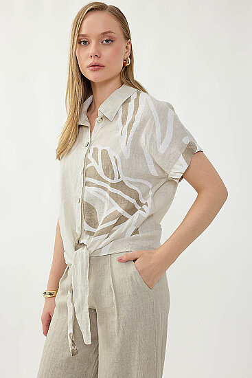 %100 Keten Önü Bağlamalı Tek Tarafı Çiçek Desen Kısa Kol Gömlek - 29