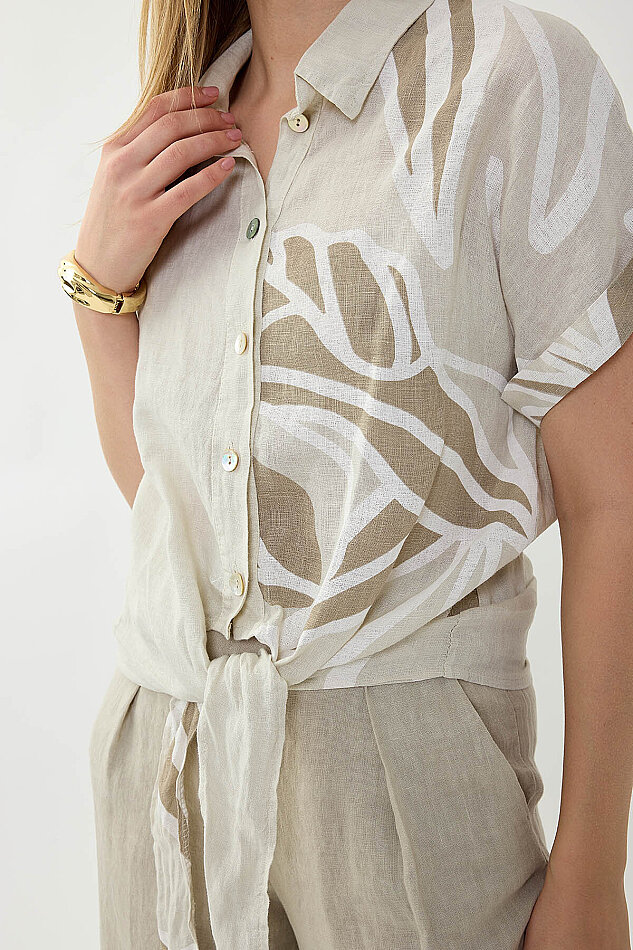 %100 Keten Önü Bağlamalı Tek Tarafı Çiçek Desen Kısa Kol Gömlek - 31