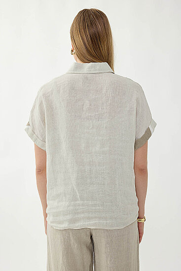 %100 Keten Önü Bağlamalı Tek Tarafı Çiçek Desen Kısa Kol Gömlek - 32