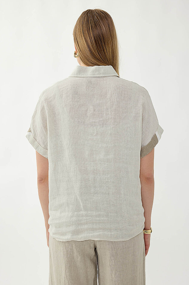 %100 Keten Önü Bağlamalı Tek Tarafı Çiçek Desen Kısa Kol Gömlek - 32