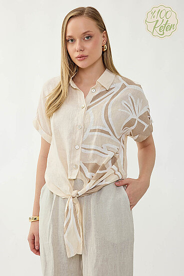 %100 Keten Önü Bağlamalı Tek Tarafı Çiçek Desen Kısa Kol Gömlek - 1