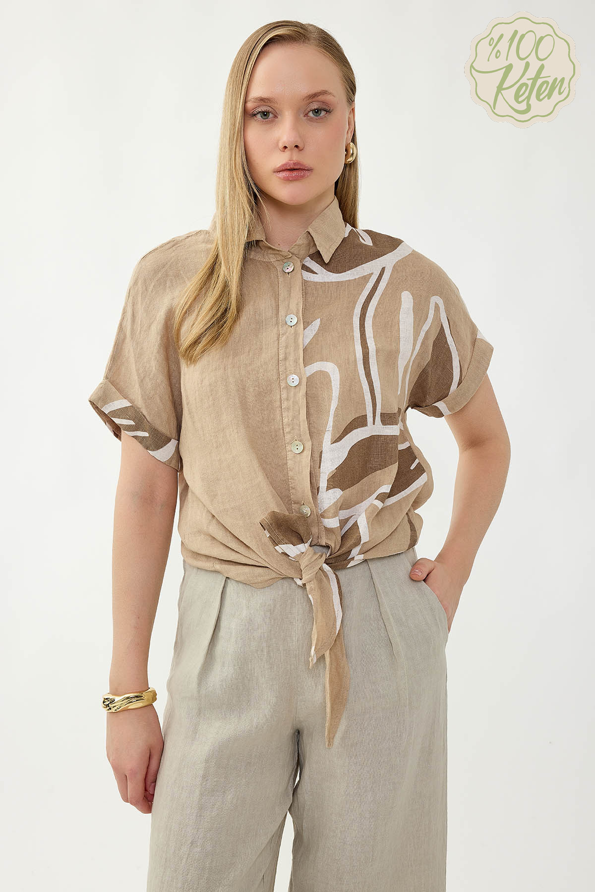 %100 Keten Önü Bağlamalı Tek Tarafı Çiçek Desen Kısa Kol Gömlek - Thumbnail