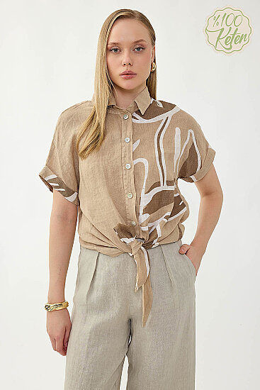 %100 Keten Önü Bağlamalı Tek Tarafı Çiçek Desen Kısa Kol Gömlek - 8