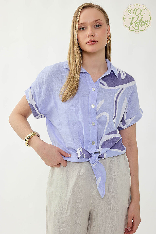 %100 Keten Önü Bağlamalı Tek Tarafı Çiçek Desen Kısa Kol Gömlek - 15