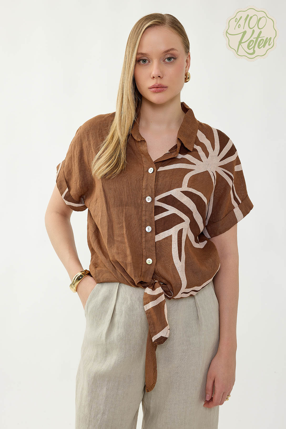 %100 Keten Önü Bağlamalı Tek Tarafı Çiçek Desen Kısa Kol Gömlek - Thumbnail