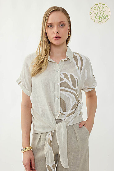 %100 Keten Önü Bağlamalı Tek Tarafı Çiçek Desen Kısa Kol Gömlek - 28