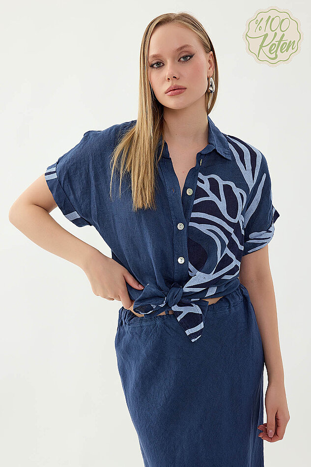 %100 Keten Önü Bağlamalı Tek Tarafı Çiçek Desen Kısa Kol Gömlek - 33