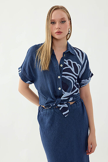 %100 Keten Önü Bağlamalı Tek Tarafı Çiçek Desen Kısa Kol Gömlek - 34