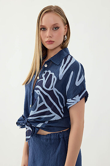 %100 Keten Önü Bağlamalı Tek Tarafı Çiçek Desen Kısa Kol Gömlek - 35