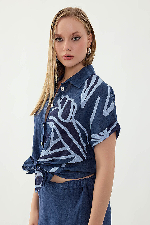 %100 Keten Önü Bağlamalı Tek Tarafı Çiçek Desen Kısa Kol Gömlek - 35