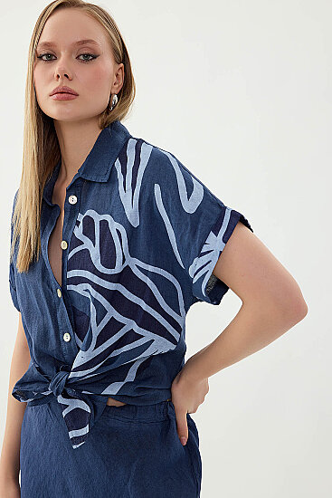 %100 Keten Önü Bağlamalı Tek Tarafı Çiçek Desen Kısa Kol Gömlek - 36