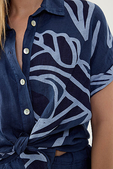 %100 Keten Önü Bağlamalı Tek Tarafı Çiçek Desen Kısa Kol Gömlek - 38