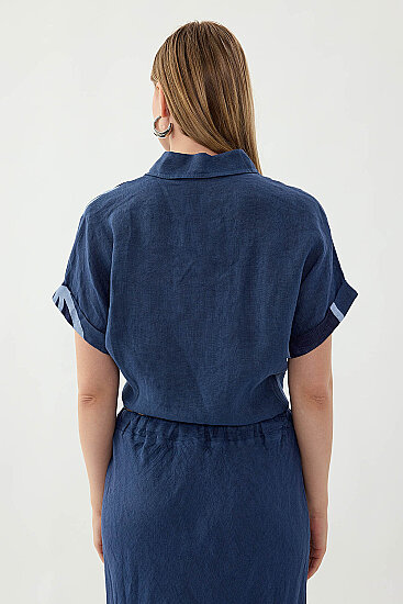 %100 Keten Önü Bağlamalı Tek Tarafı Çiçek Desen Kısa Kol Gömlek - 37