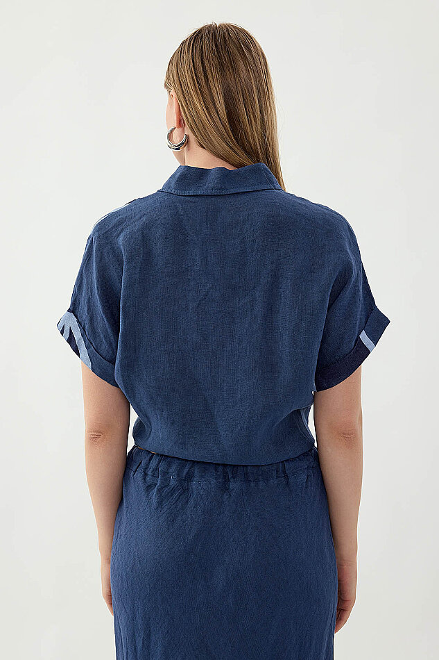 %100 Keten Önü Bağlamalı Tek Tarafı Çiçek Desen Kısa Kol Gömlek - 37