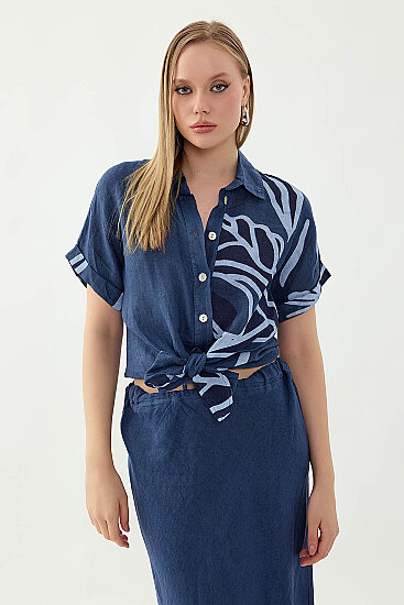 %100 Keten Önü Bağlamalı Tek Tarafı Çiçek Desen Kısa Kol Gömlek - 39