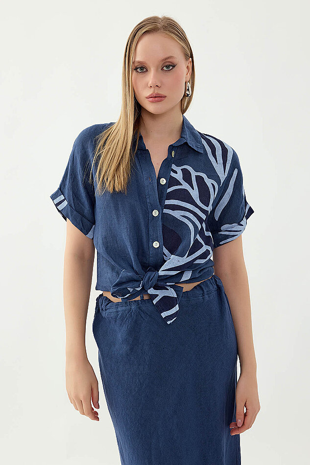 %100 Keten Önü Bağlamalı Tek Tarafı Çiçek Desen Kısa Kol Gömlek - 39