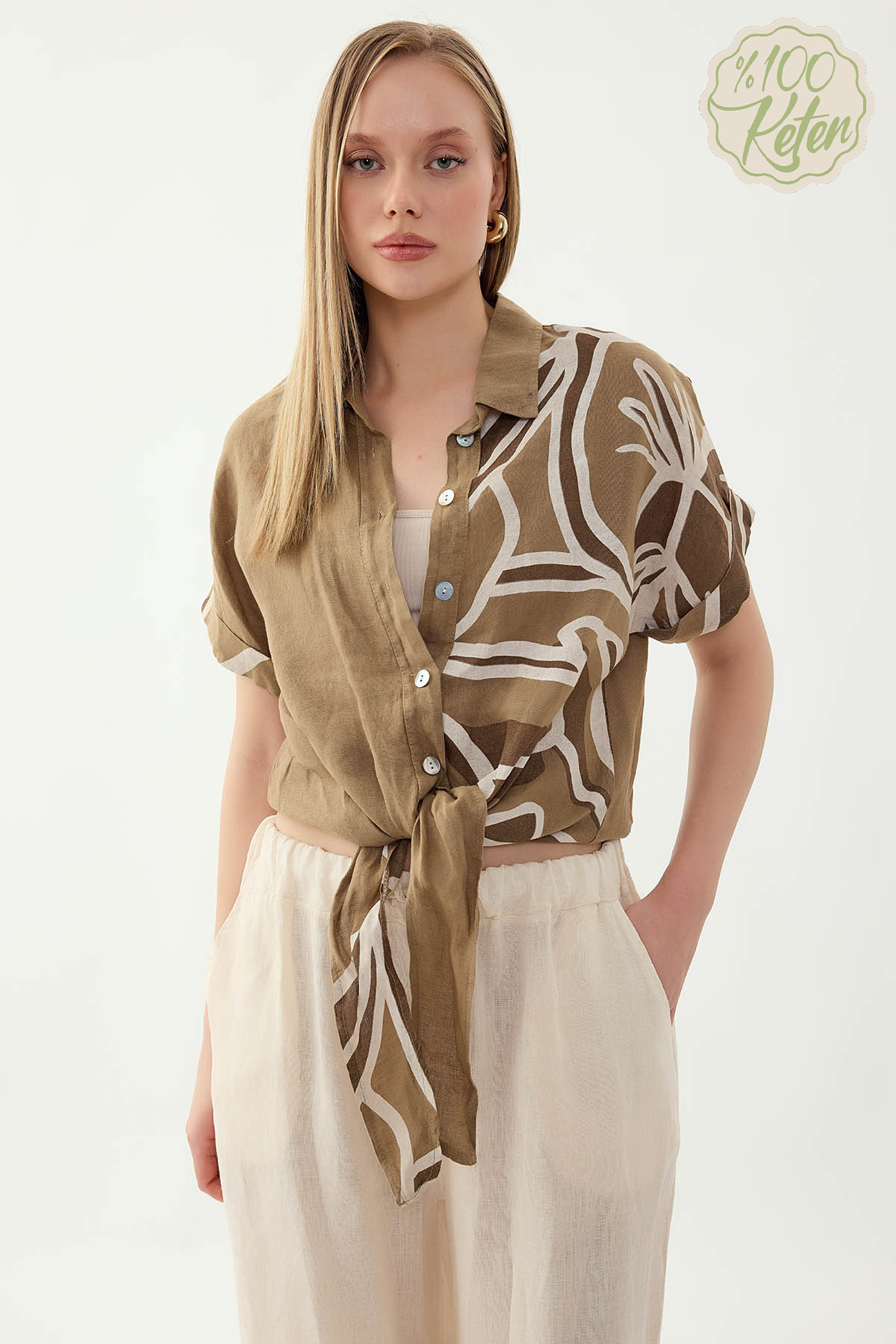 %100 Keten Önü Bağlamalı Tek Tarafı Çiçek Desen Kısa Kol Gömlek - Thumbnail