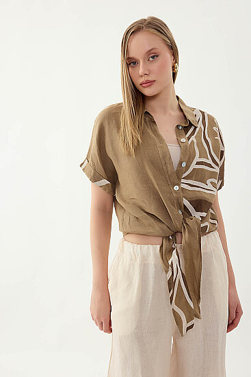 %100 Keten Önü Bağlamalı Tek Tarafı Çiçek Desen Kısa Kol Gömlek - 41