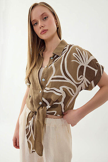 %100 Keten Önü Bağlamalı Tek Tarafı Çiçek Desen Kısa Kol Gömlek - 42