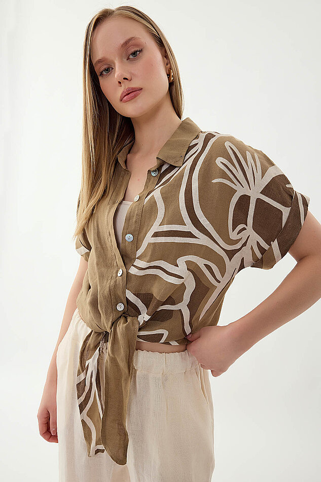 %100 Keten Önü Bağlamalı Tek Tarafı Çiçek Desen Kısa Kol Gömlek - 42