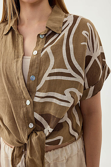 %100 Keten Önü Bağlamalı Tek Tarafı Çiçek Desen Kısa Kol Gömlek - 43
